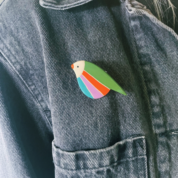 Broche céramique oiseaux multicolore