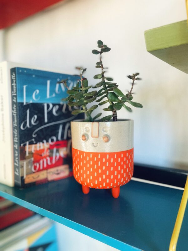 Pot en céramique, visage rieur, orange, sur un étagère vintage